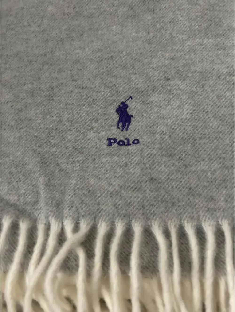 NWT Polo Ralph Lauren gray & white scarf with purple pony logo and fringe